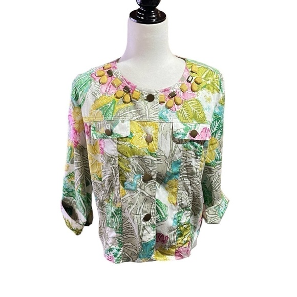 Linear Jackets & Blazers - Linear Womens Floral Cropped Jacket - Size Large- Beading-Faux Front Pockets